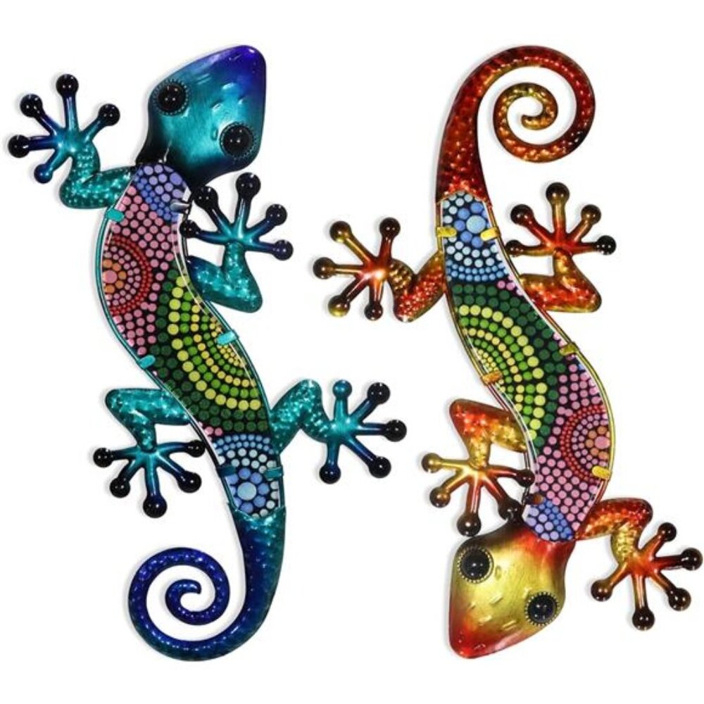 Metal Gecko Wall Art 2 Pack 15 Inch Lizard Outdoor Decor Hanging Glass Sculpture